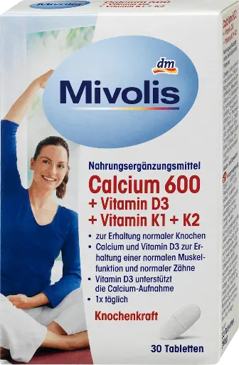 Calcium 600 + Vitamine D3 + K1 + K2, 30 pièces, 50 g, Complément alimentaire