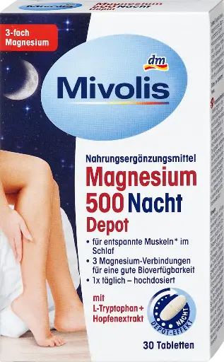 Magnésium 500 Nuit Dépôt, 30 pièces, 43 g Complément alimentaire